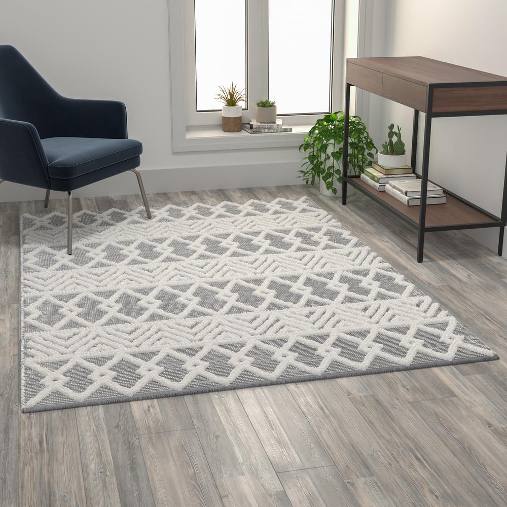 Indoor Geometric 5'x7' Area Rug - Hand Woven Gray Area Rug with Ivory Diamond Pattern, Polyester/Cotton Blend. Picture 5