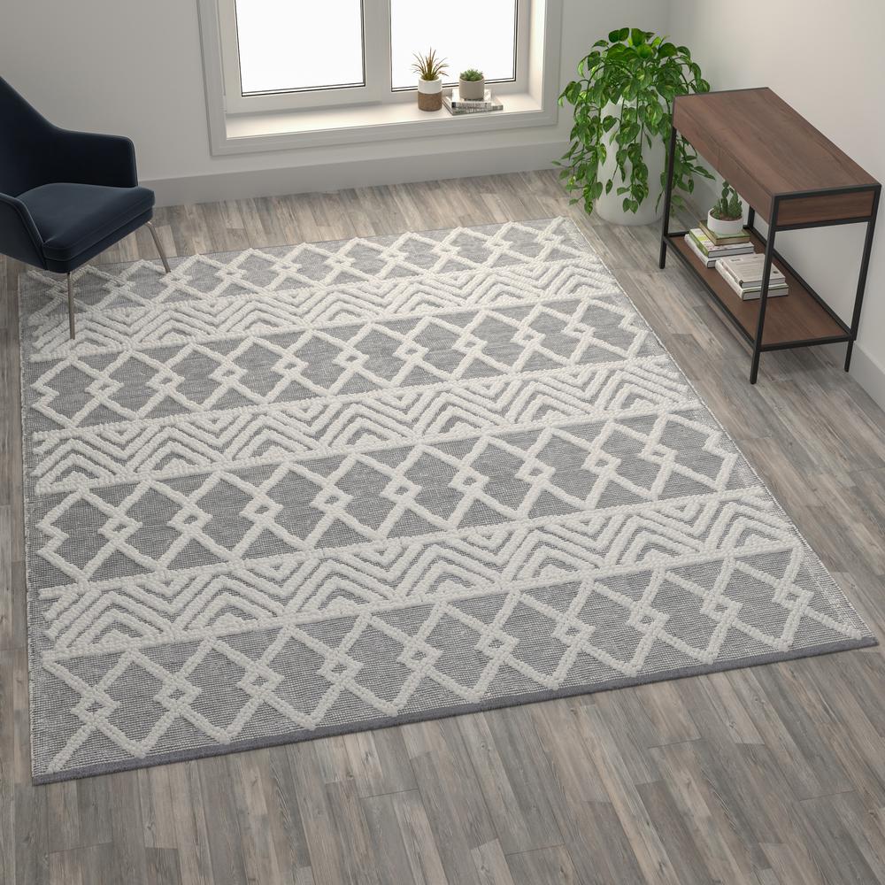 Geometric 8'x10' Area Rug - Hand Woven Gray Area Rug with Ivory Diamond Pattern. Picture 6