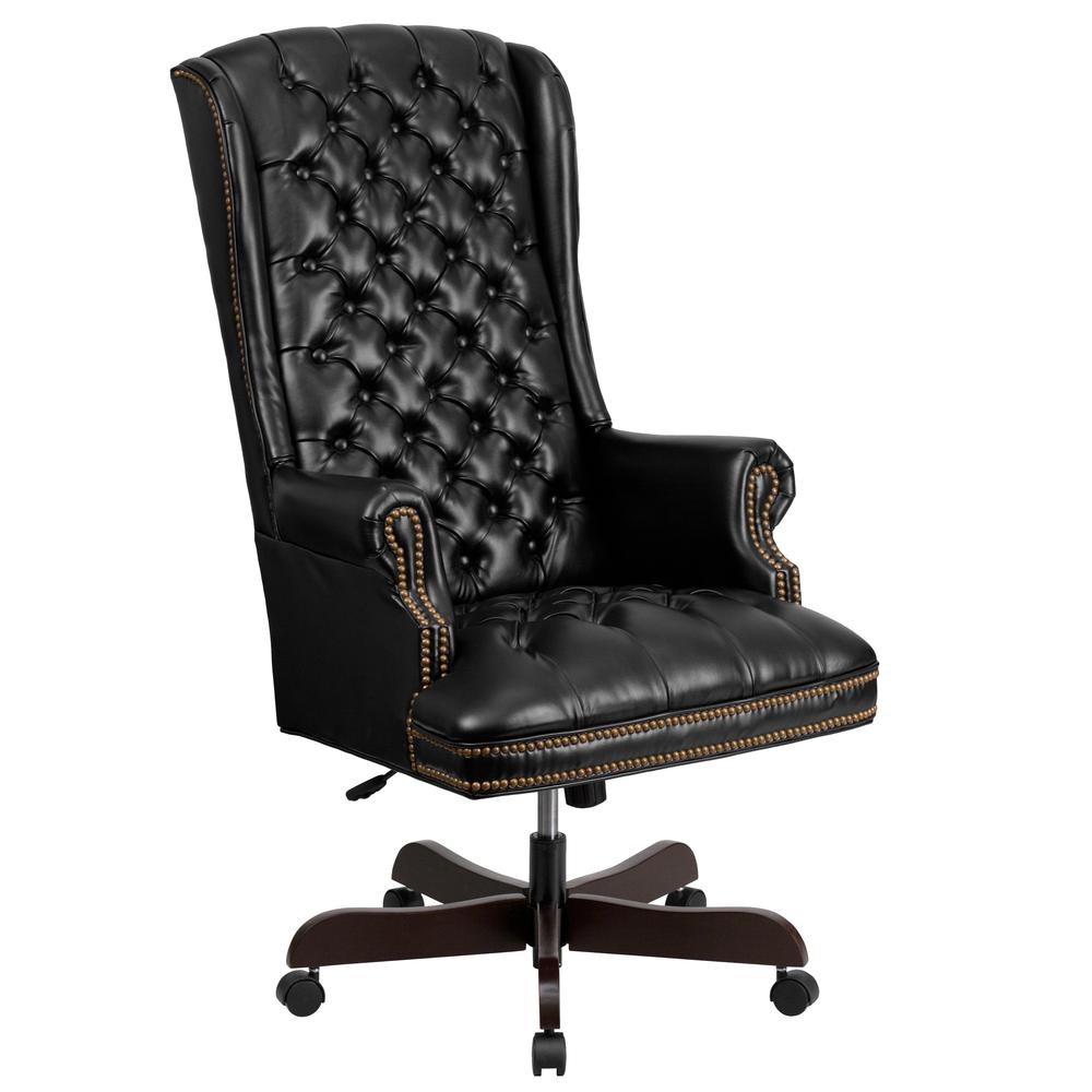 High Back Traditional Fully Tufted Black LeatherSoft Executive Swivel Ergonomic Office Chair with Arms. Picture 1