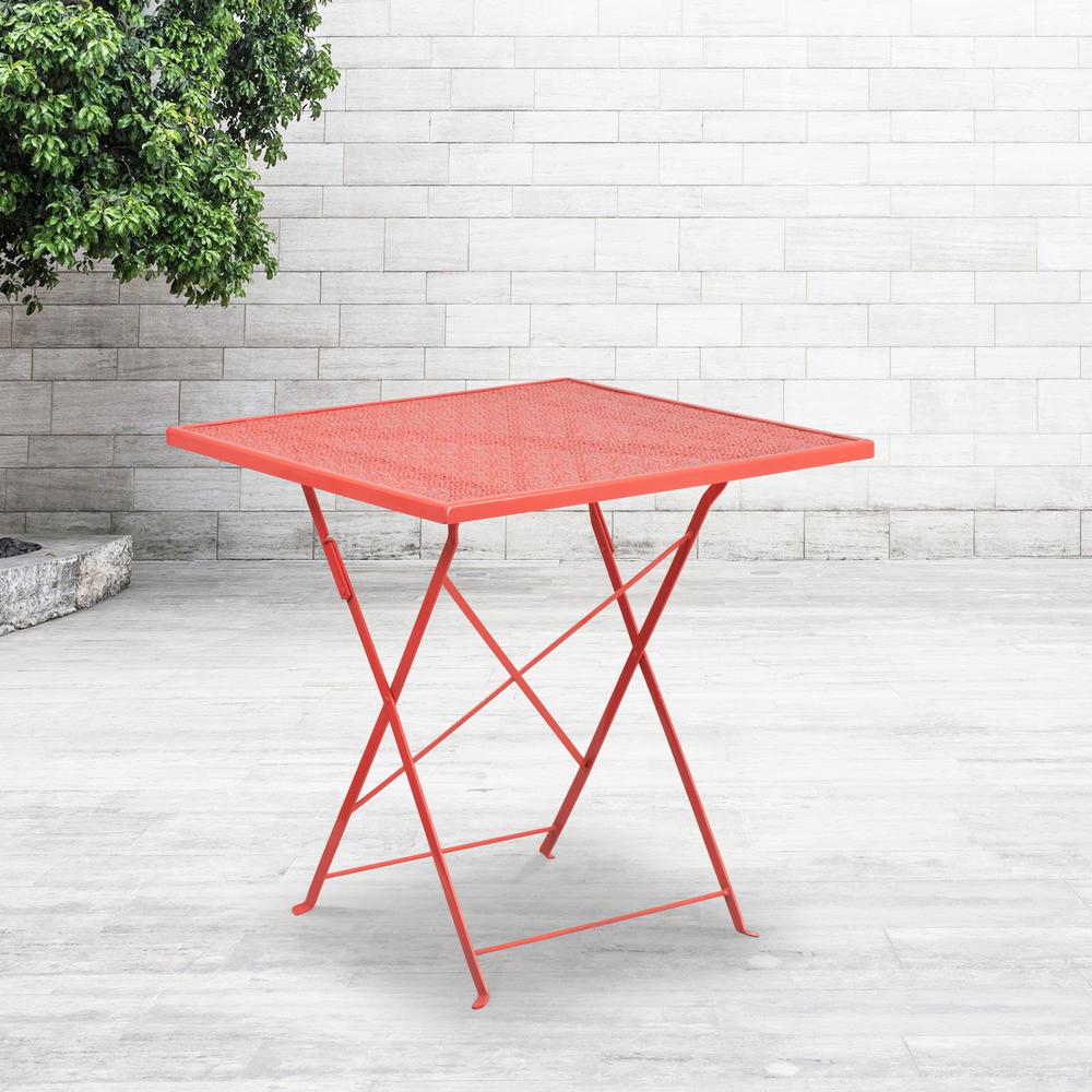 Commercial Grade 28" Square Coral Indoor-Outdoor Steel Folding Patio Table. Picture 2