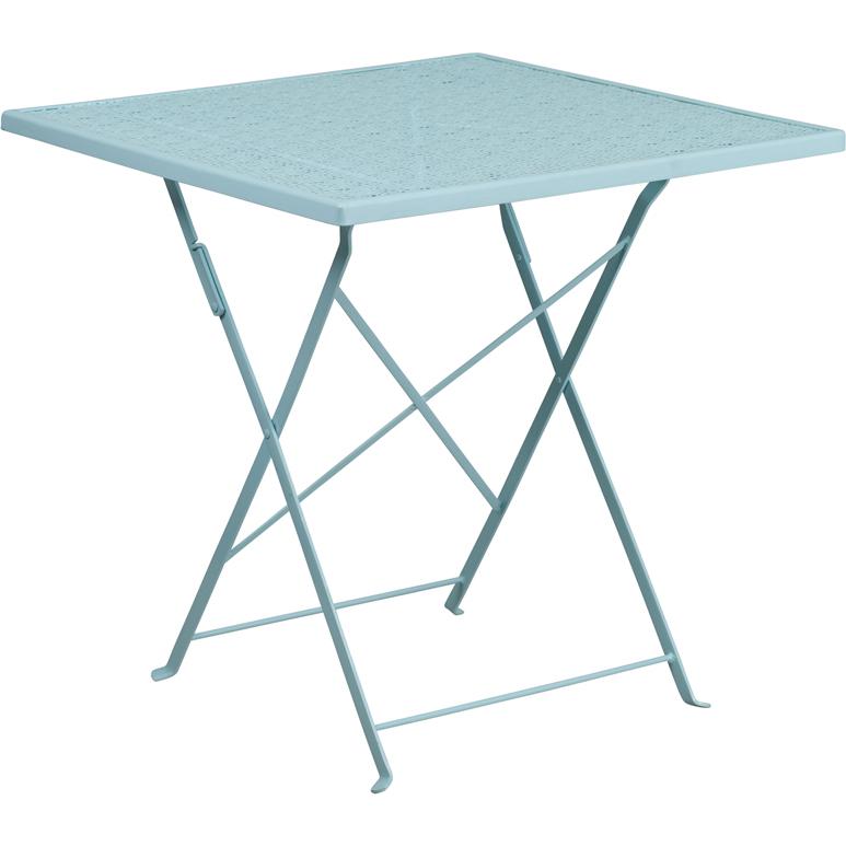 Commercial Grade 28" Square Sky Blue Indoor-Outdoor Steel Folding Patio Table. Picture 2