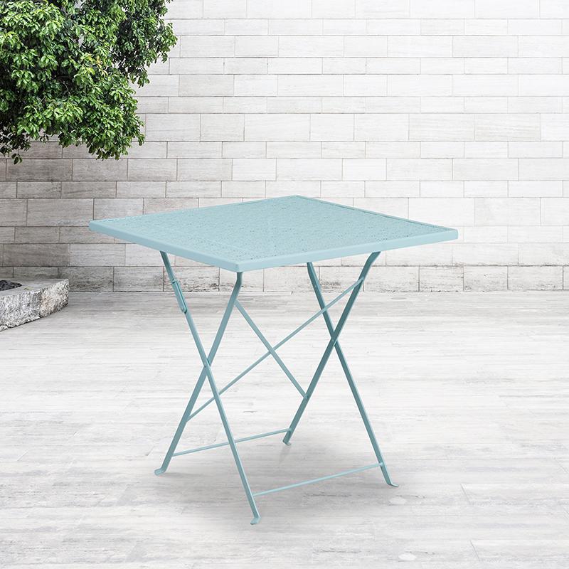 Commercial Grade 28" Square Sky Blue Indoor-Outdoor Steel Folding Patio Table. The main picture.