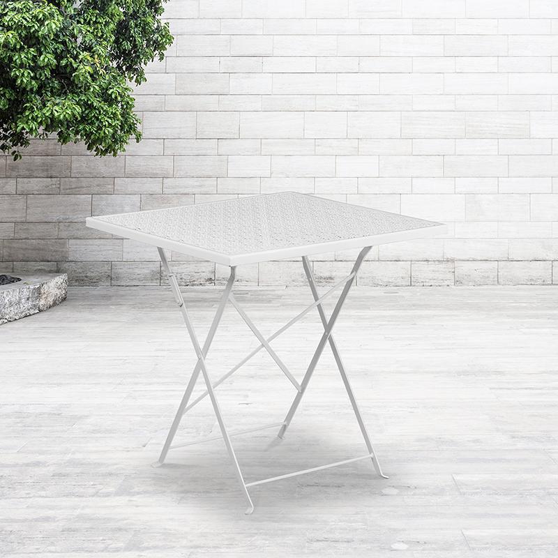 Commercial Grade 28" Square White Indoor-Outdoor Steel Folding Patio Table. Picture 1