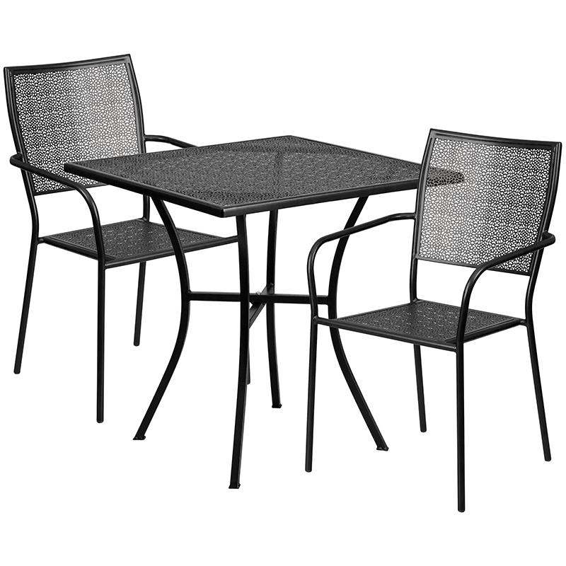 Commercial Grade 28" Square Black Indoor-Outdoor Steel Patio Table Set with 2 Square Back Chairs. Picture 1