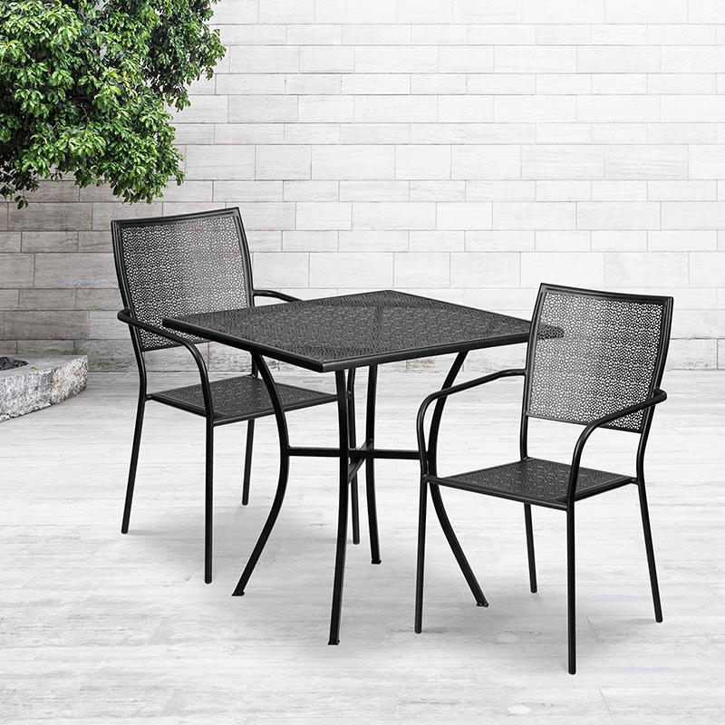 Commercial Grade 28" Square Black Indoor-Outdoor Steel Patio Table Set with 2 Square Back Chairs. Picture 4