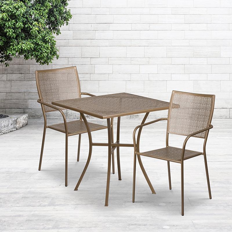 28" Square Gold Indoor-Outdoor Steel Patio Table Set with 2 Square Back Chairs. Picture 1