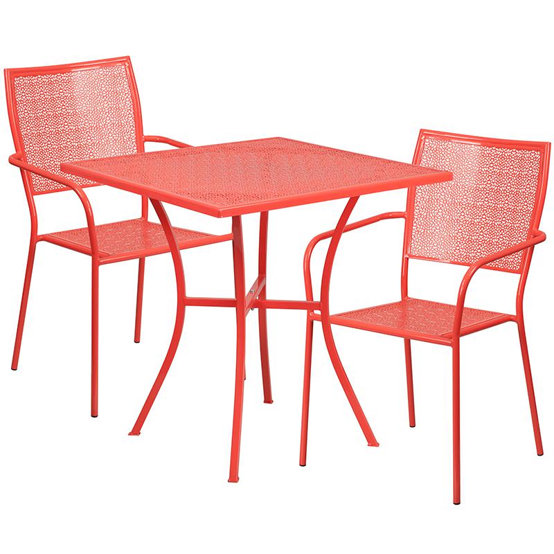 Commercial Grade 28" Square Coral Indoor-Outdoor Steel Patio Table Set with 2 Square Back Chairs. Picture 2