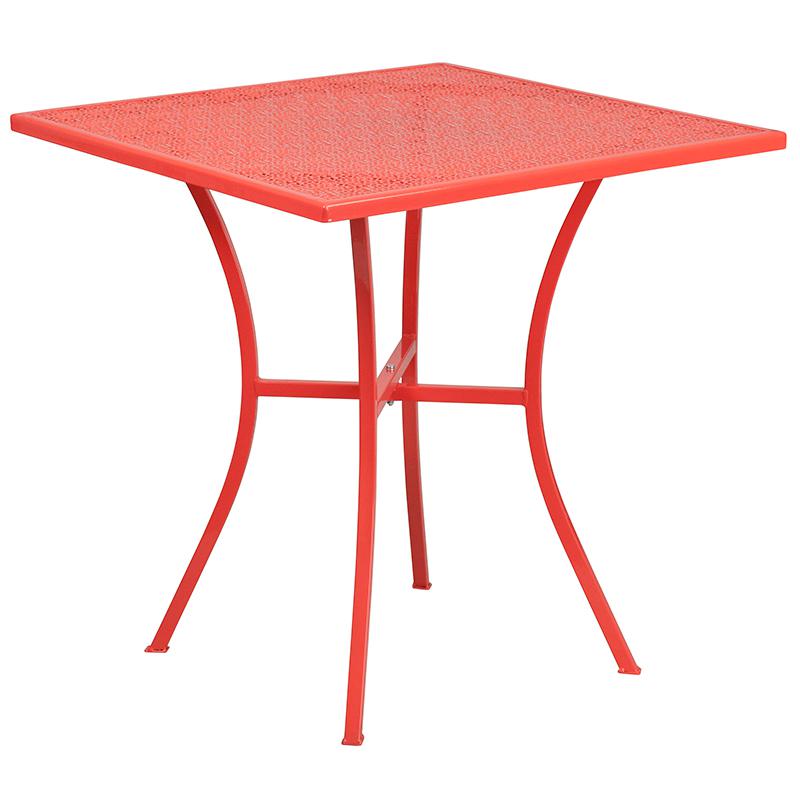 Commercial Grade 28" Square Coral Indoor-Outdoor Steel Patio Table Set with 2 Square Back Chairs. Picture 4