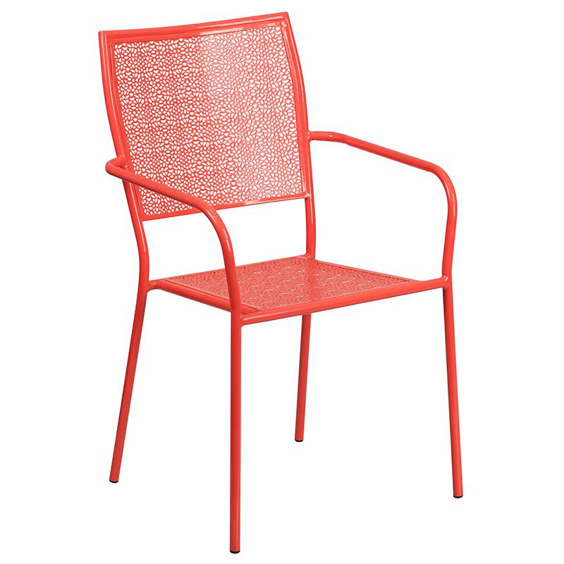 Commercial Grade 28" Square Coral Indoor-Outdoor Steel Patio Table Set with 2 Square Back Chairs. Picture 5