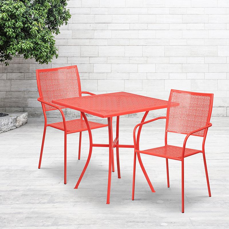 Commercial Grade 28" Square Coral Indoor-Outdoor Steel Patio Table Set with 2 Square Back Chairs. The main picture.