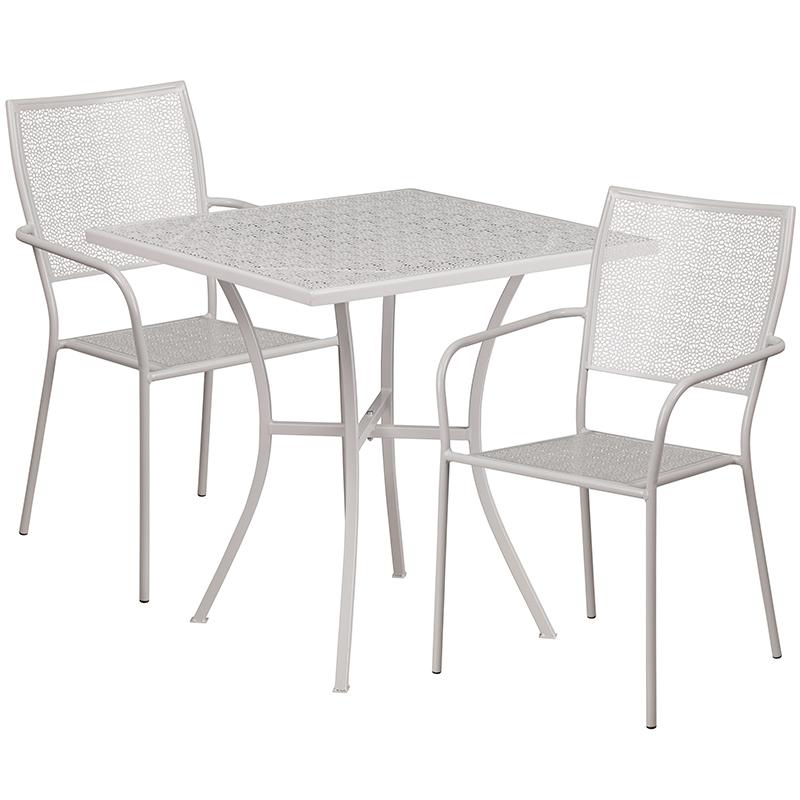 Commercial Grade 28" Square Light Gray Indoor-Outdoor Steel Patio Table Set with 2 Square Back Chairs. Picture 2
