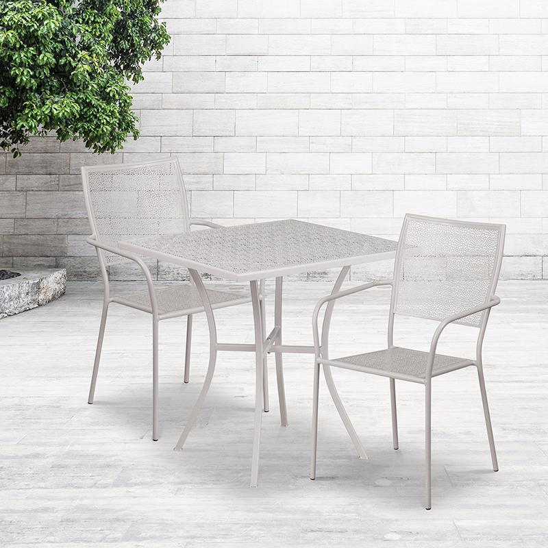 Commercial Grade 28" Square Light Gray Indoor-Outdoor Steel Patio Table Set with 2 Square Back Chairs. The main picture.