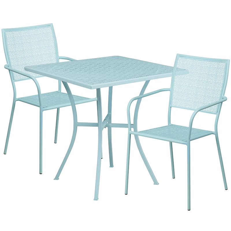 Commercial Grade 28" Square Sky Blue Indoor-Outdoor Steel Patio Table Set with 2 Square Back Chairs. Picture 1