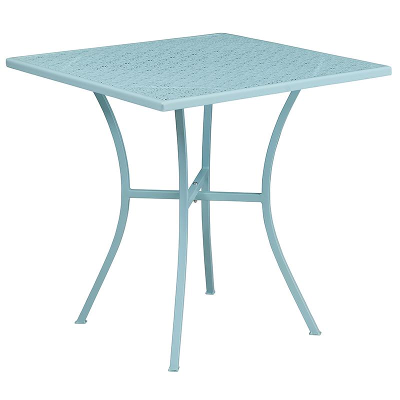 28" Sky Blue Indoor-Outdoor Steel Patio Table Set with 2 Back Chairs. Picture 4