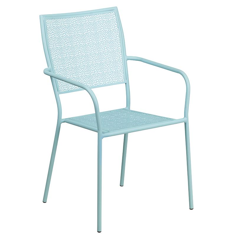 Commercial Grade 28" Square Sky Blue Indoor-Outdoor Steel Patio Table Set with 2 Square Back Chairs. Picture 3