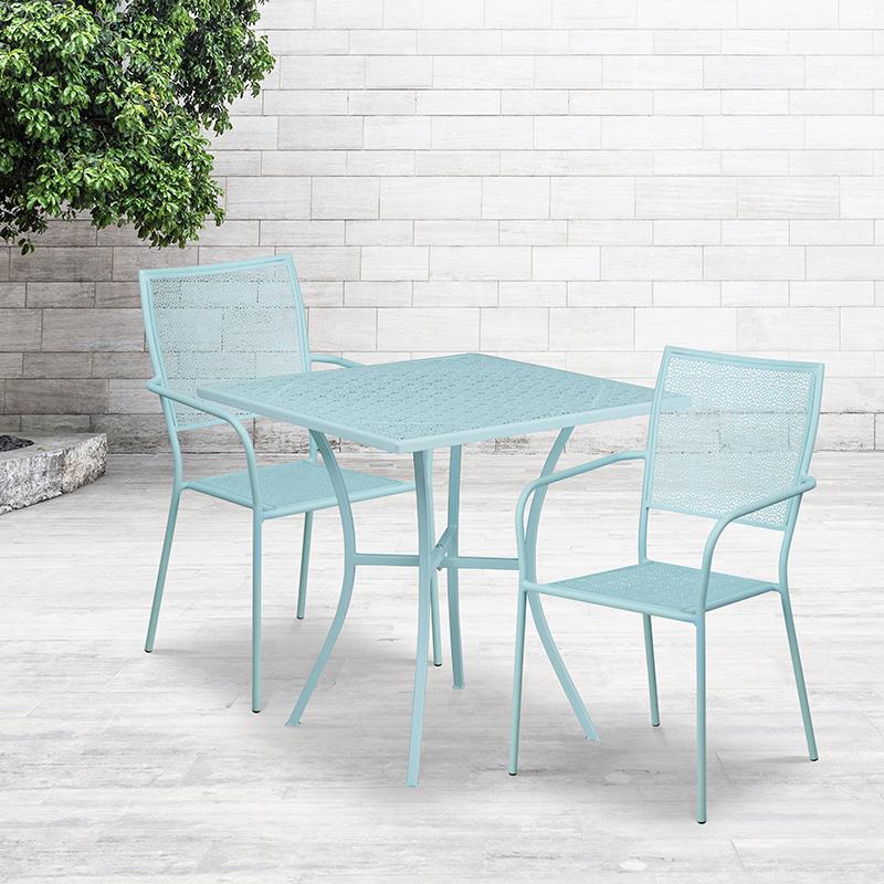 Commercial Grade 28" Square Sky Blue Indoor-Outdoor Steel Patio Table Set with 2 Square Back Chairs. Picture 4