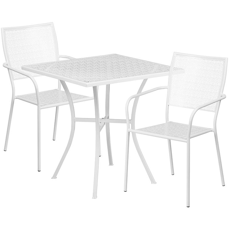 28" Square White Indoor-Outdoor Steel Patio Table Set with 2 Square Back Chairs. Picture 2