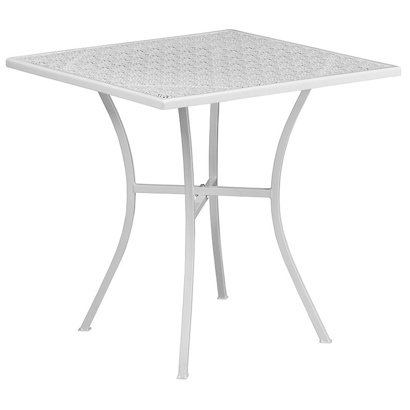 28" Square White Indoor-Outdoor Steel Patio Table Set with 2 Square Back Chairs. Picture 4