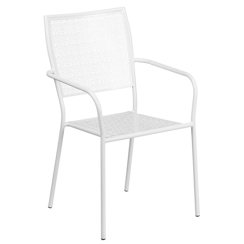 28" Square White Indoor-Outdoor Steel Patio Table Set with 2 Square Back Chairs. Picture 5