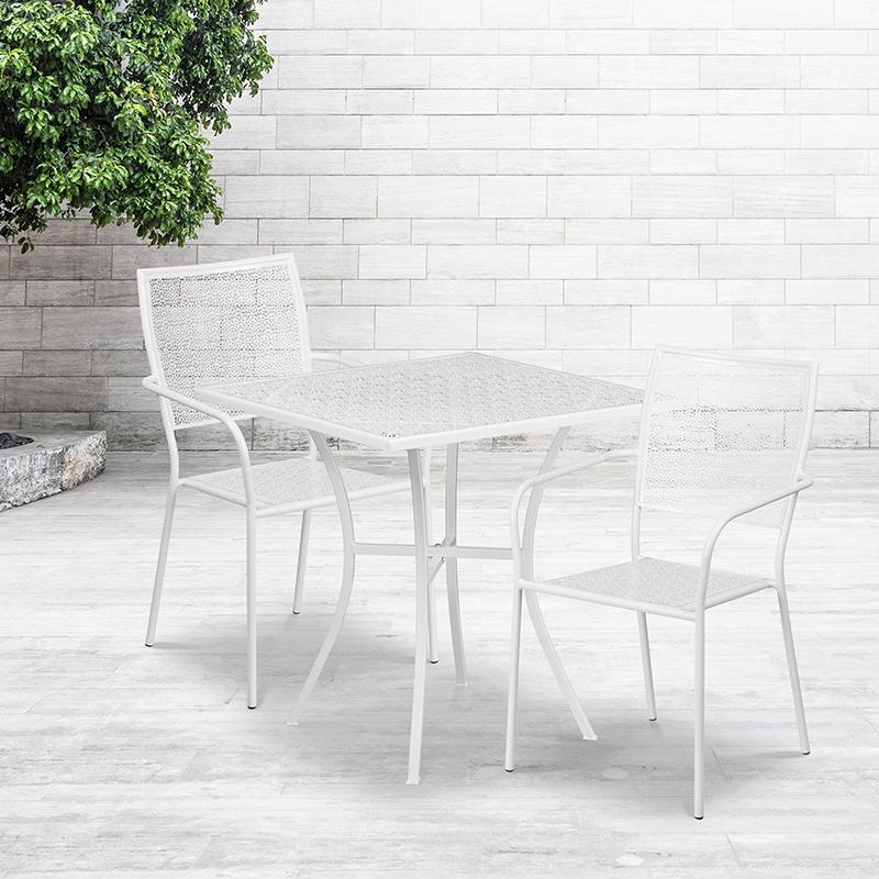28" Square White Indoor-Outdoor Steel Patio Table Set with 2 Square Back Chairs. Picture 1