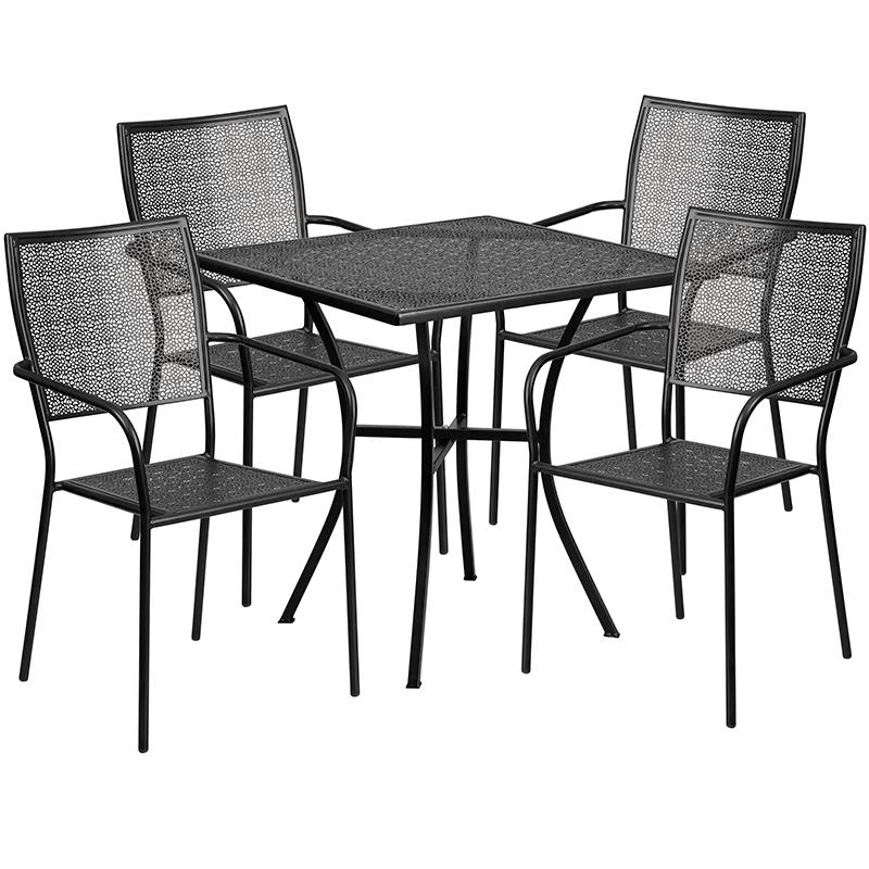 Commercial Grade 28" Square Black Indoor-Outdoor Steel Patio Table Set with 4 Square Back Chairs. Picture 2