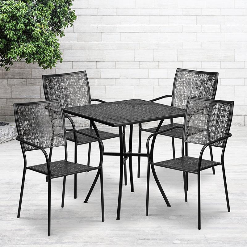 Commercial Grade 28" Square Black Indoor-Outdoor Steel Patio Table Set with 4 Square Back Chairs. Picture 1