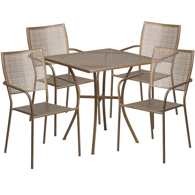 Commercial Grade 28" Square Gold Indoor-Outdoor Steel Patio Table Set with 4 Square Back Chairs. Picture 1
