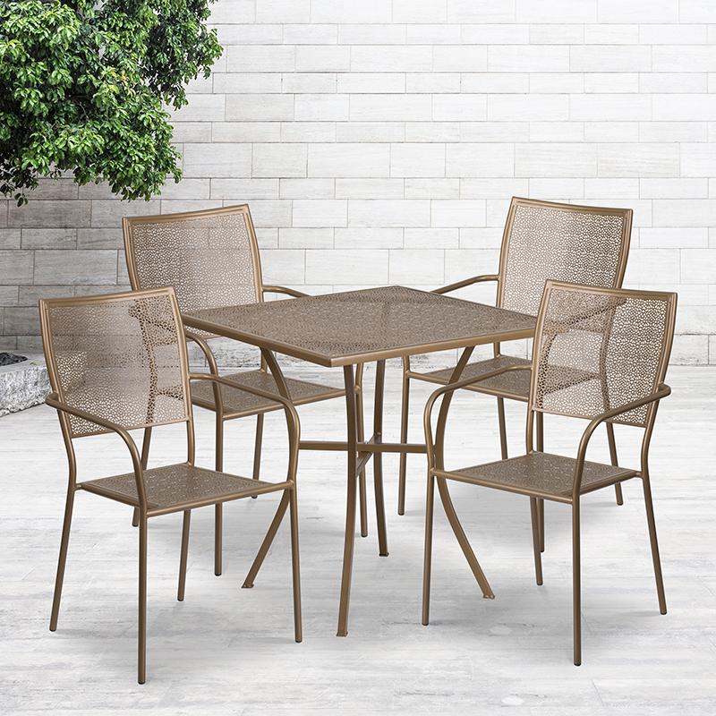 28" Square Gold Indoor-Outdoor Steel Patio Table Set with 4 Square Back Chairs. Picture 1