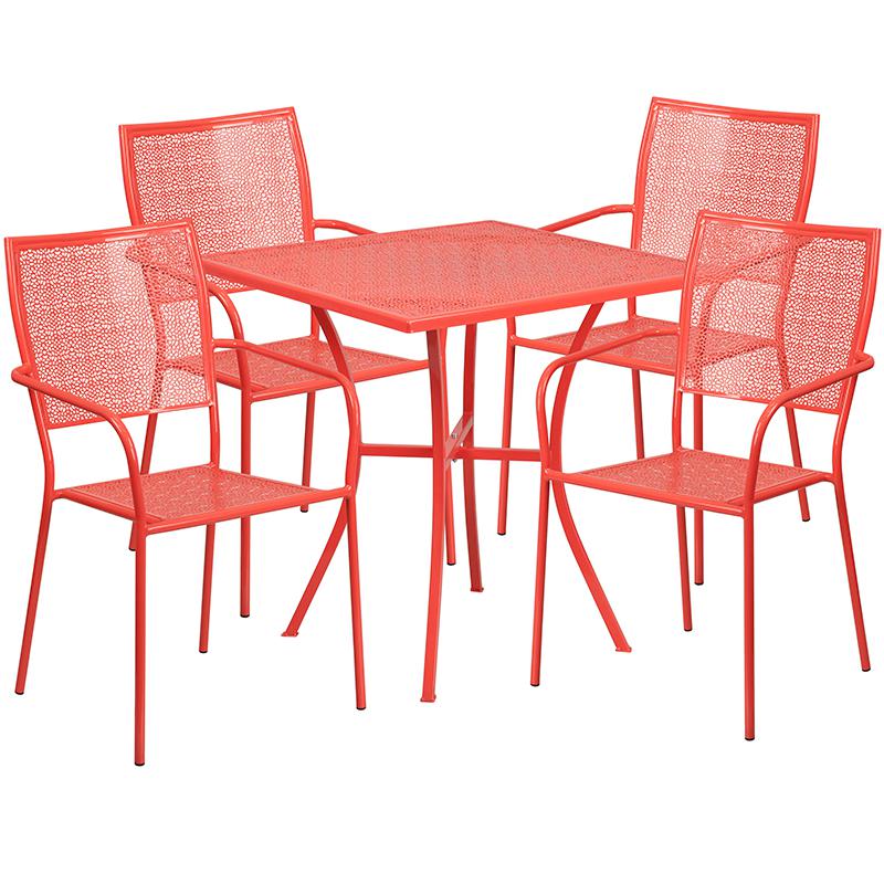 Commercial Grade 28" Square Coral Indoor-Outdoor Steel Patio Table Set with 4 Square Back Chairs. Picture 1