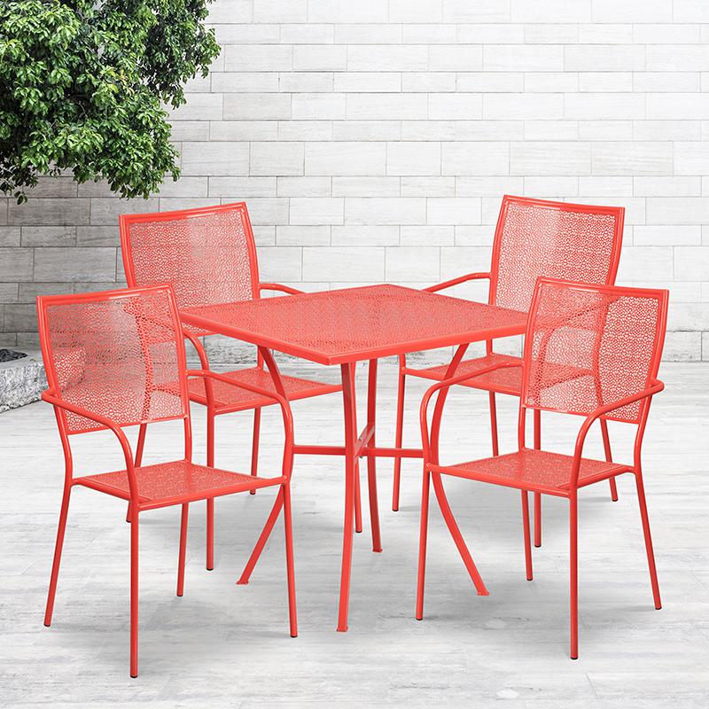 Commercial Grade 28" Square Coral Indoor-Outdoor Steel Patio Table Set with 4 Square Back Chairs. Picture 4