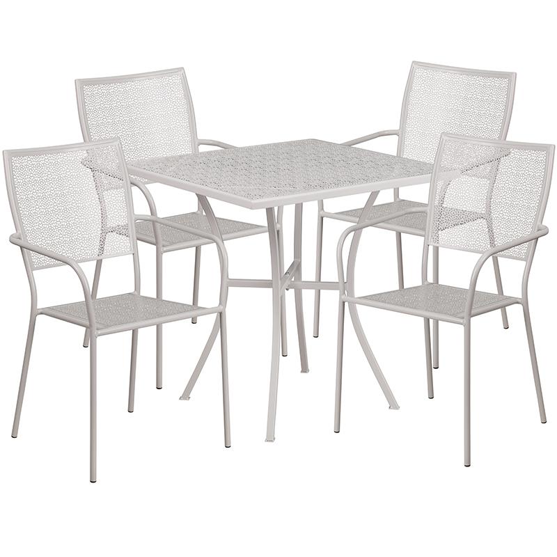 Commercial Grade 28" Square Light Gray Indoor-Outdoor Steel Patio Table Set with 4 Square Back Chairs. Picture 2