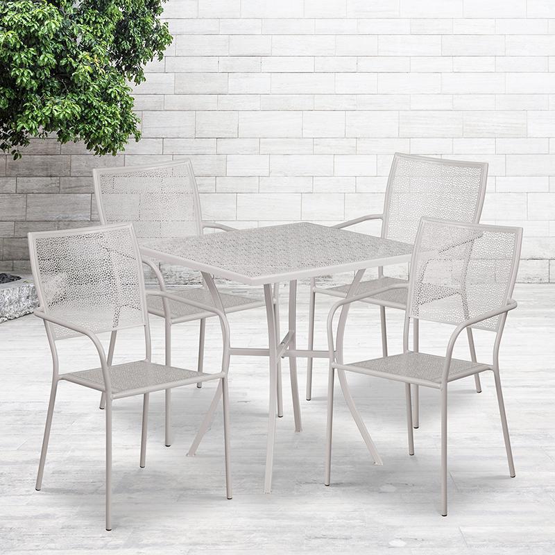 Commercial Grade 28" Square Light Gray Indoor-Outdoor Steel Patio Table Set with 4 Square Back Chairs. Picture 4