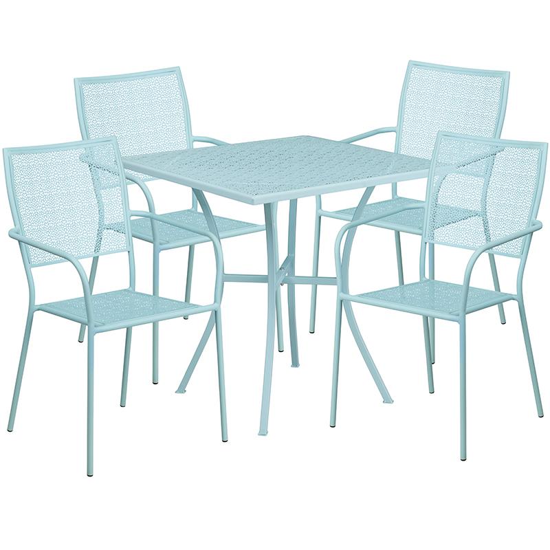 Commercial Grade 28" Square Sky Blue Indoor-Outdoor Steel Patio Table Set with 4 Square Back Chairs. Picture 2