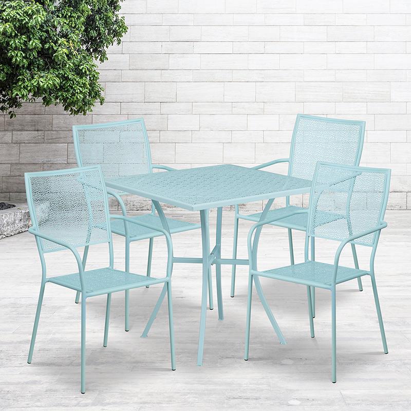 Commercial Grade 28" Square Sky Blue Indoor-Outdoor Steel Patio Table Set with 4 Square Back Chairs. Picture 1