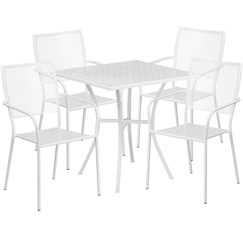 Commercial Grade 28" Square White Indoor-Outdoor Steel Patio Table Set with 4 Square Back Chairs. Picture 1