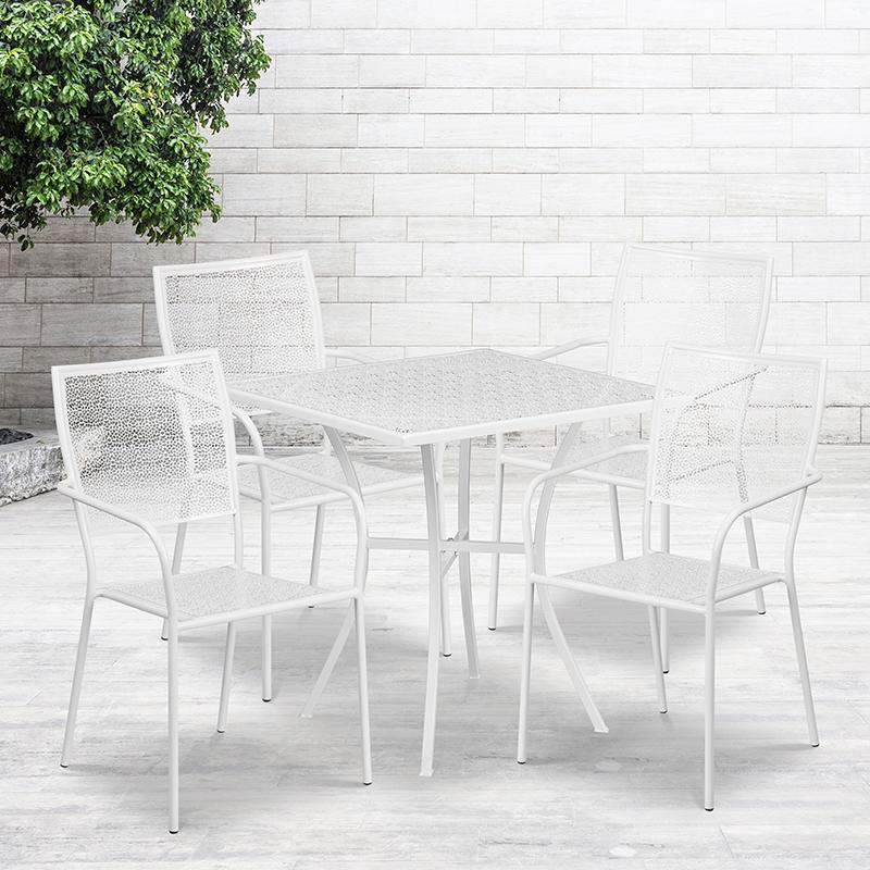Commercial Grade 28" Square White Indoor-Outdoor Steel Patio Table Set with 4 Square Back Chairs. Picture 4