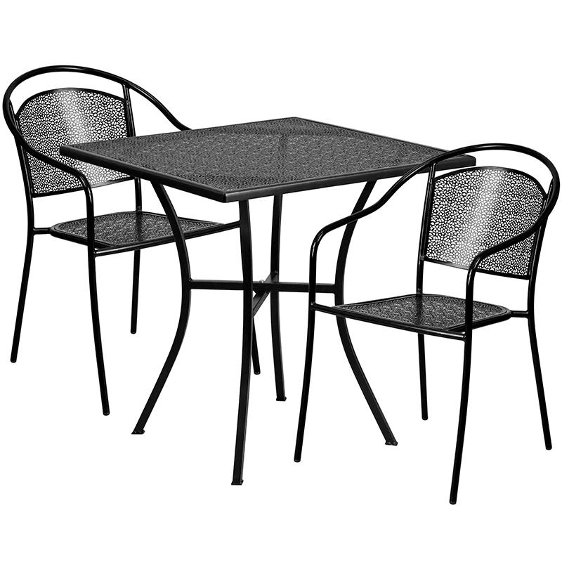 Commercial Grade 28" Square Black Indoor-Outdoor Steel Patio Table Set with 2 Round Back Chairs. Picture 1