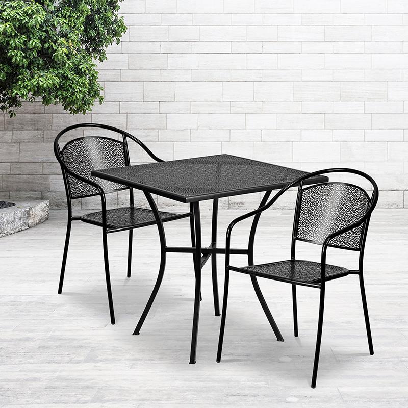 Commercial Grade 28" Square Black Indoor-Outdoor Steel Patio Table Set with 2 Round Back Chairs. Picture 4