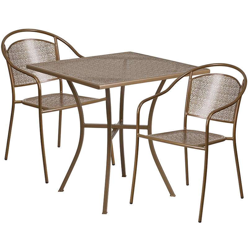 Commercial Grade 28" Square Gold Indoor-Outdoor Steel Patio Table Set with 2 Round Back Chairs. Picture 2