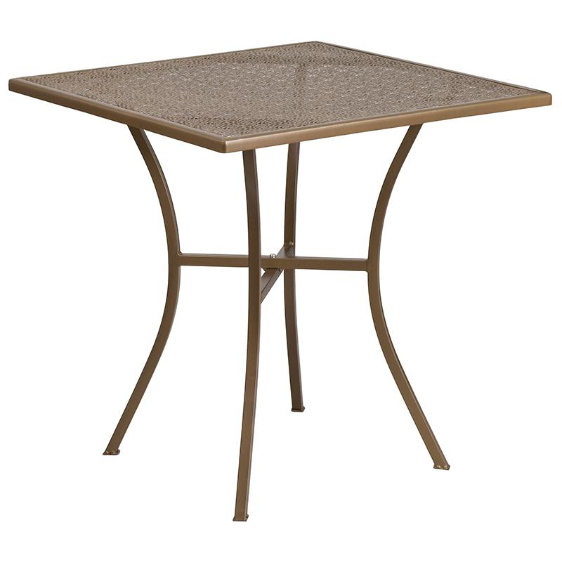 Commercial Grade 28" Square Gold Indoor-Outdoor Steel Patio Table Set with 2 Round Back Chairs. Picture 2