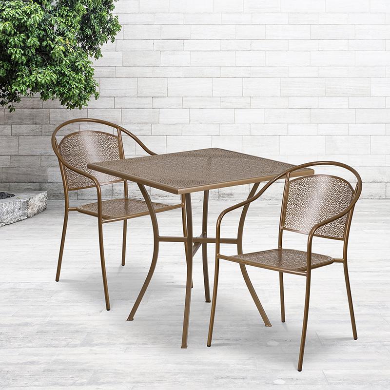 Commercial Grade 28" Square Gold Indoor-Outdoor Steel Patio Table Set with 2 Round Back Chairs. The main picture.
