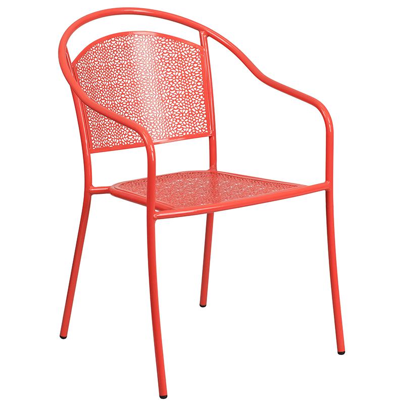 Commercial Grade 28" Square Coral Indoor-Outdoor Steel Patio Table Set with 2 Round Back Chairs. Picture 3
