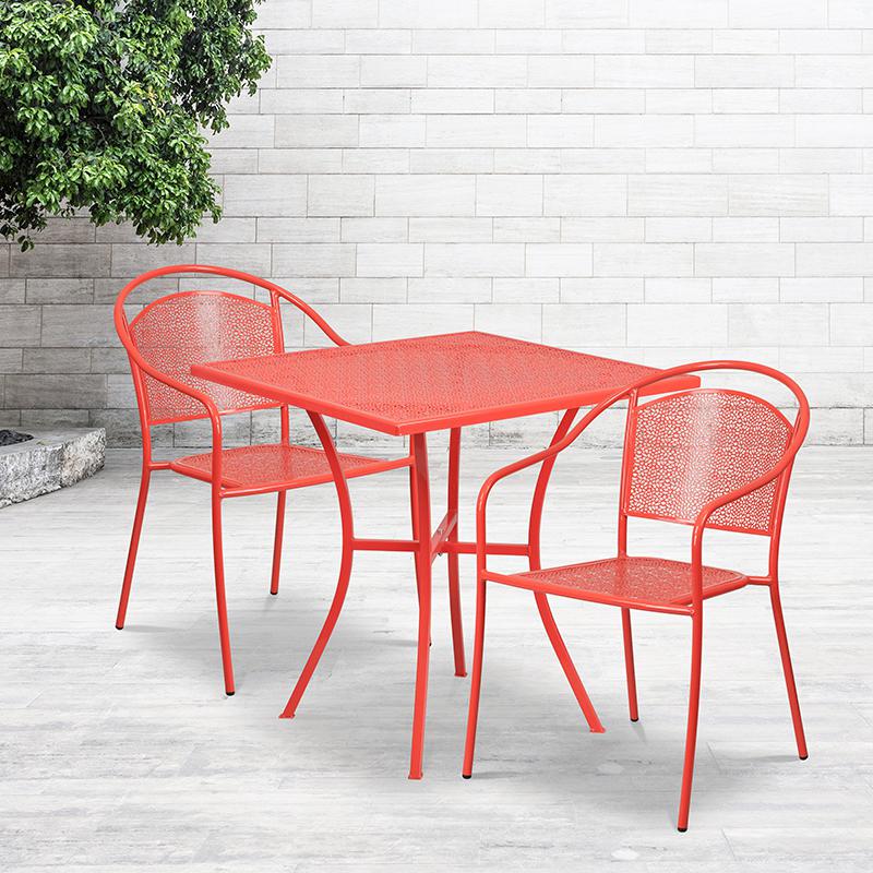Commercial Grade 28" Square Coral Indoor-Outdoor Steel Patio Table Set with 2 Round Back Chairs. Picture 4
