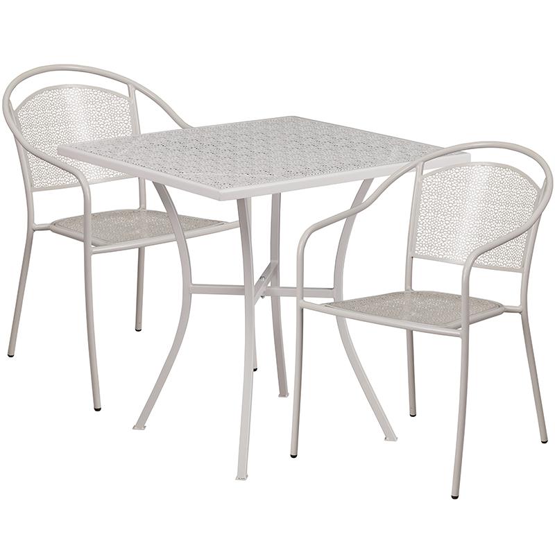 Commercial Grade 28" Square Light Gray Indoor-Outdoor Steel Patio Table Set with 2 Round Back Chairs. Picture 1