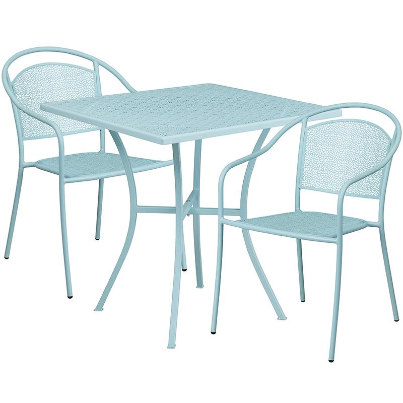 Commercial Grade 28" Square Sky Blue Indoor-Outdoor Steel Patio Table Set with 2 Round Back Chairs. Picture 1