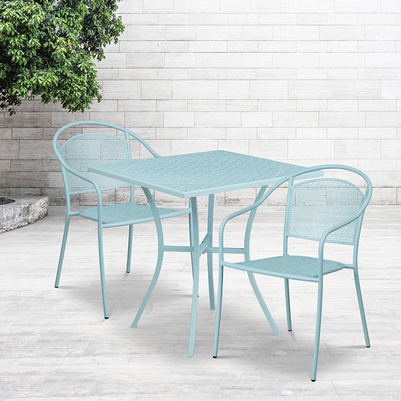 Commercial Grade 28" Square Sky Blue Indoor-Outdoor Steel Patio Table Set with 2 Round Back Chairs. Picture 4