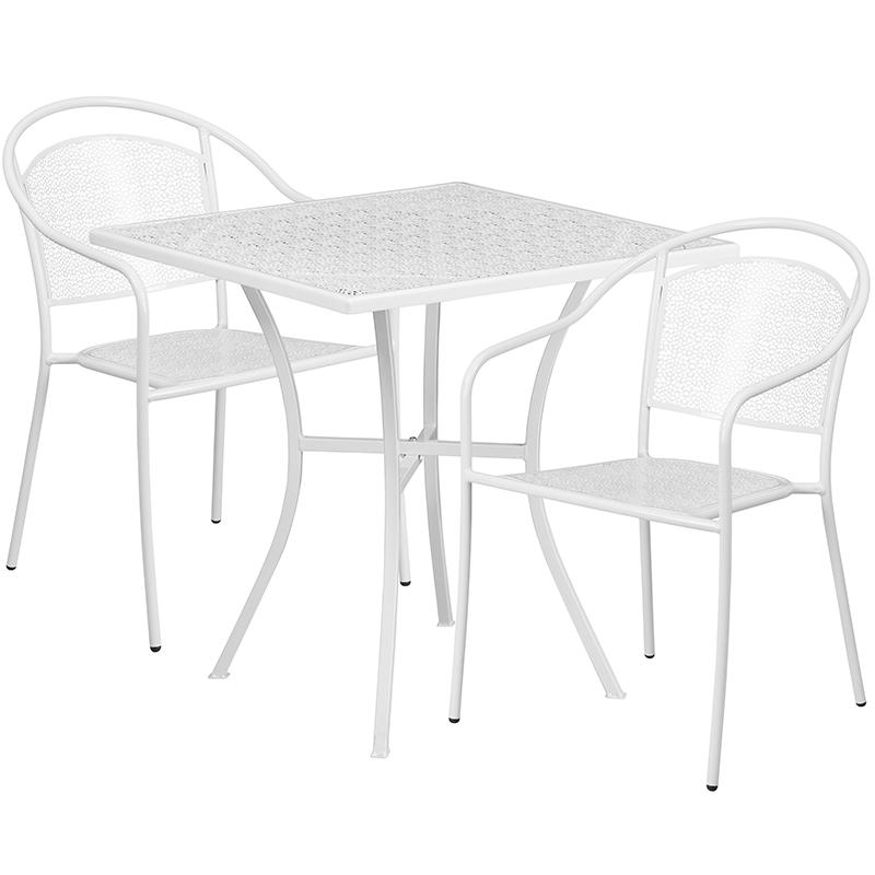 Commercial Grade 28" Square White Indoor-Outdoor Steel Patio Table Set with 2 Round Back Chairs. Picture 1