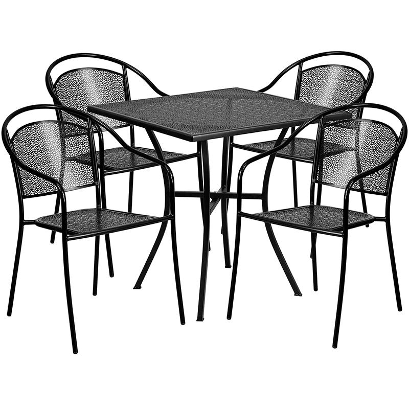 Commercial Grade 28" Square Black Indoor-Outdoor Steel Patio Table Set with 4 Round Back Chairs. Picture 2