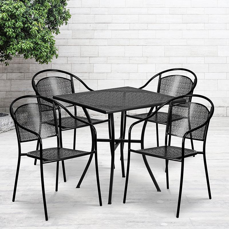 Commercial Grade 28" Square Black Indoor-Outdoor Steel Patio Table Set with 4 Round Back Chairs. The main picture.
