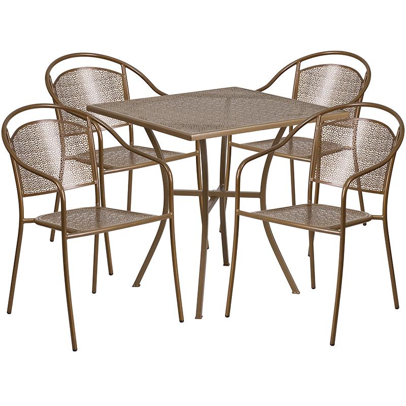 Commercial Grade 28" Square Gold Indoor-Outdoor Steel Patio Table Set with 4 Round Back Chairs. Picture 1